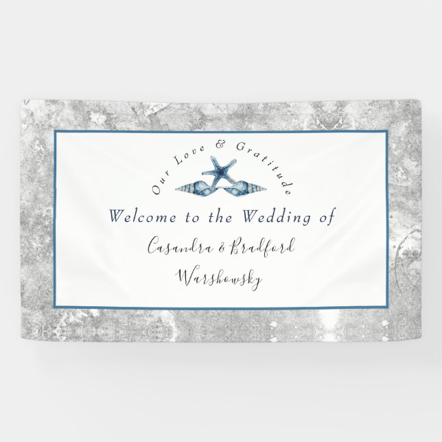 Nautical Wedding Beach Seashell Roses  Grey  Blue Banner (Horizontal)