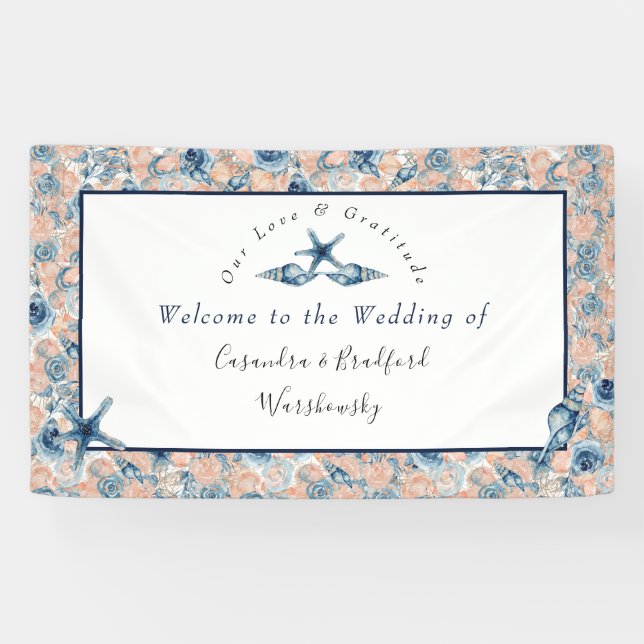Nautical Wedding Beach Seashell Roses Honeymoon  Banner (Horizontal)