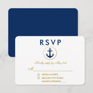 Nautical Wedding Blue Anchor Gold RSVP Card
