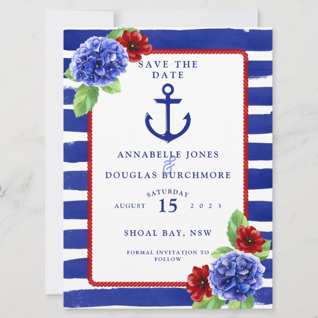 Nautical Wedding Blue Red Hydrangea Save The Date (Front)