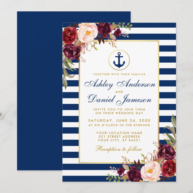 Nautical Wedding Blue Stripes Burgundy Invite B (Front/Back)