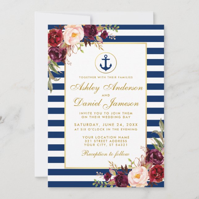 Nautical Wedding Blue Stripes Burgundy Invite G (Front)