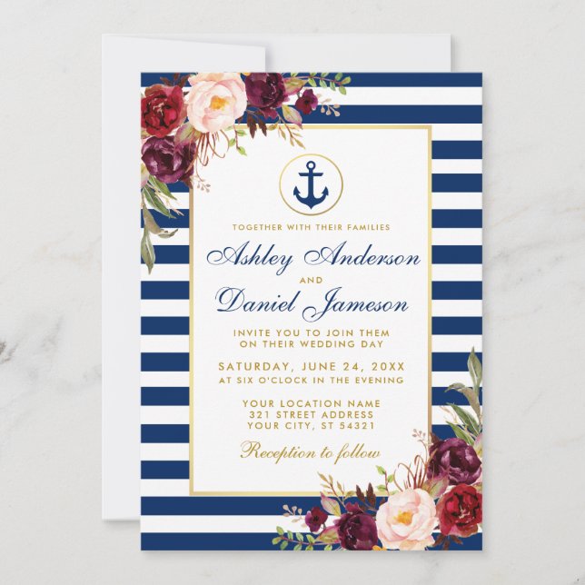 Nautical Wedding Blue Stripes Burgundy Invite W (Front)