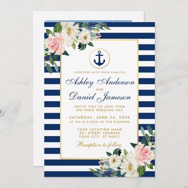Nautical Wedding Blue Stripes Floral Photo Invitation (Front/Back)