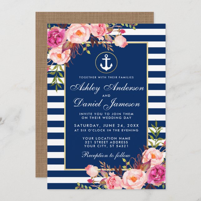 Nautical Wedding Blue Stripes Floral Pink Invite B (Front/Back)
