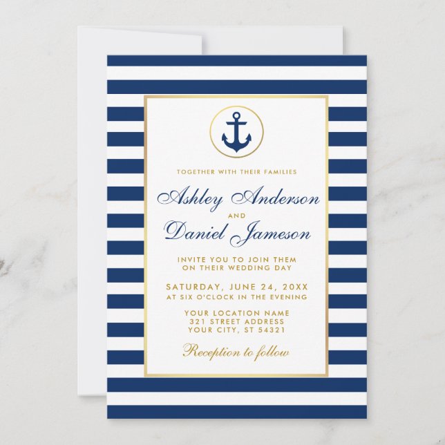 Nautical Wedding Blue Stripes Gold Invitation (Front)