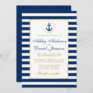 Nautical Wedding Blue Stripes Gold Invitation B