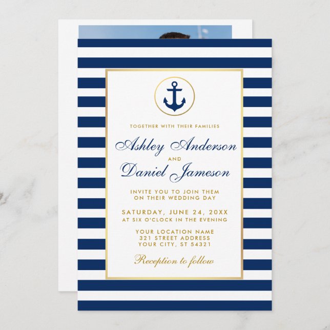 Nautical Wedding Blue Stripes Invite BG Photo Back (Front/Back)