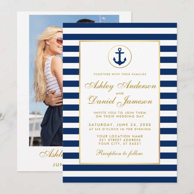 Nautical Wedding Blue Stripes Invite G Photo Back (Front/Back)