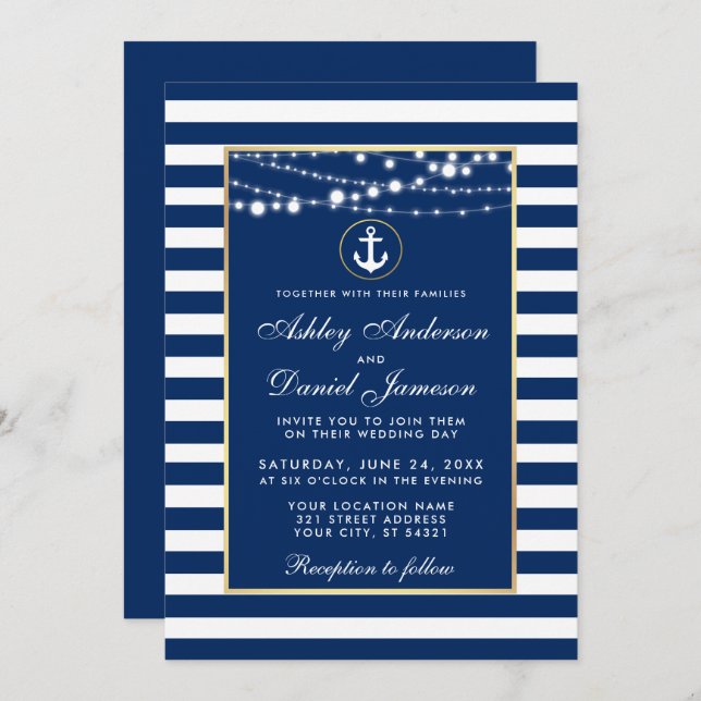 Nautical Wedding Blue Stripes Lights Invite B (Front/Back)