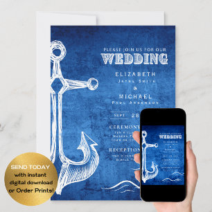 Nautical Wedding Blue White Anchor Digital  Invitation