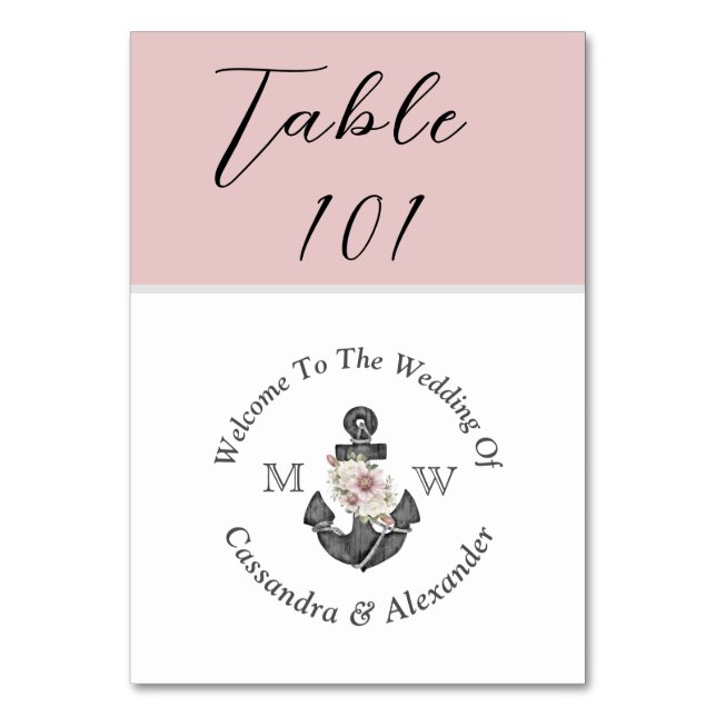 Nautical Wedding Dusty Rose Blus Pink  Table Number (Front)