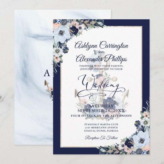 Nautical Wedding Elegant Floral Anchor Invitation (Front/Back)
