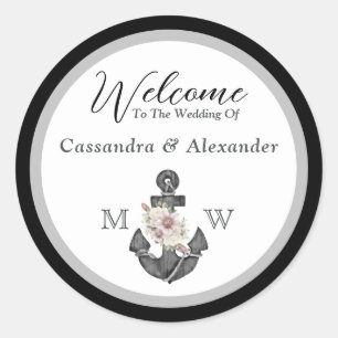 Nautical Wedding Floral Anchor Black and White Classic Round Sticker