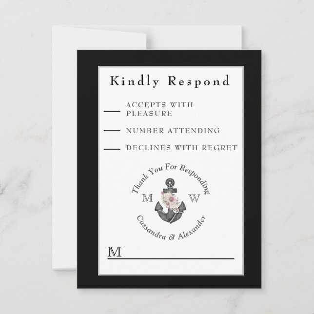 Nautical Wedding Floral Anchor Black and White RSVP Card (Front)