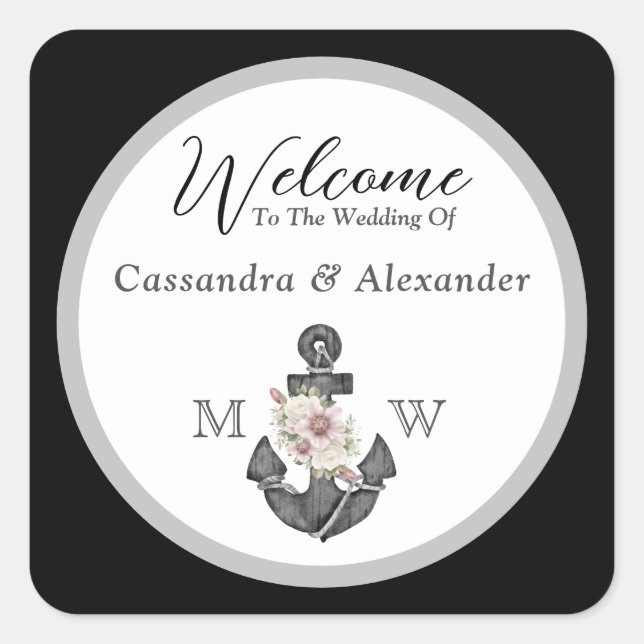 Nautical Wedding Floral Anchor Black and White Square Sticker (Front)