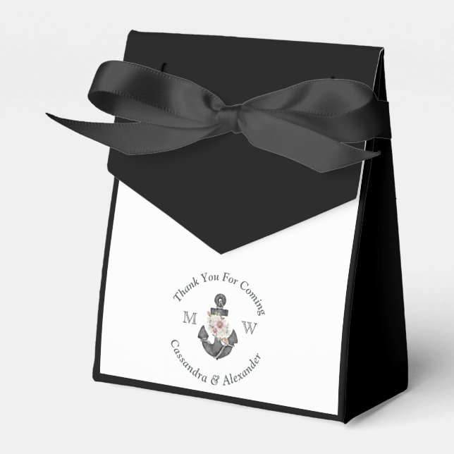 Nautical Wedding Floral Anchor Black White Favor Box (Front Side)