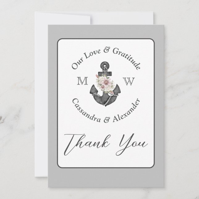 Nautical Wedding Floral Anchor Grey and White Thank You Card (Front)