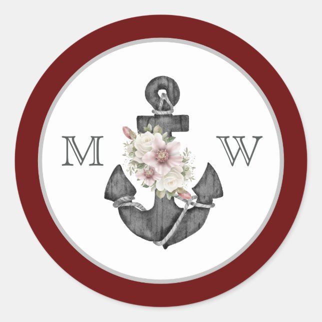 Nautical Wedding Floral Anchor Maroon Red  White Classic Round Sticker (Front)