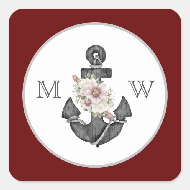 Nautical Wedding Floral Anchor Maroon Red  White Square Sticker (Front)