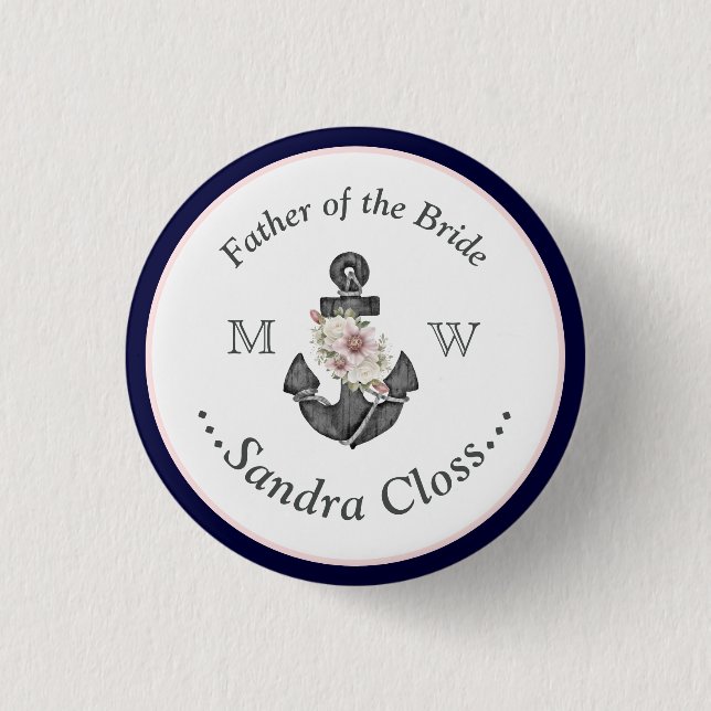 Nautical Wedding Floral Anchor Navy Blue and Pink 1 Inch Round Button (Front)