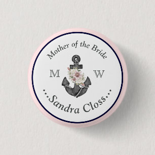 Nautical Wedding Floral Anchor Navy Blue  and Pink 1 Inch Round Button
