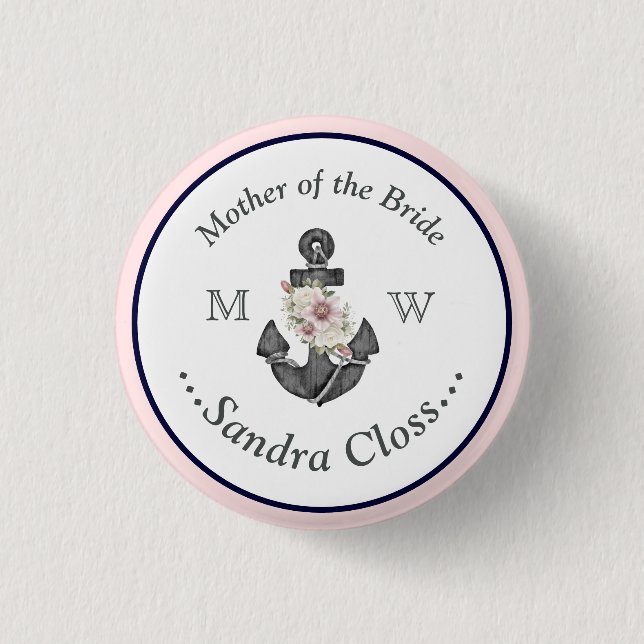 Nautical Wedding Floral Anchor Navy Blue  and Pink 1 Inch Round Button (Front)