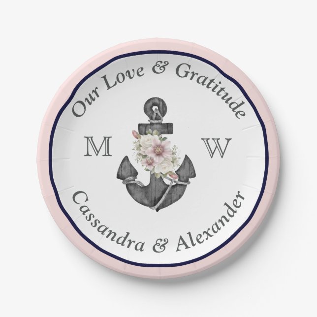 Nautical Wedding Floral Anchor Navy Blue  and Pink Paper Plate (Front)