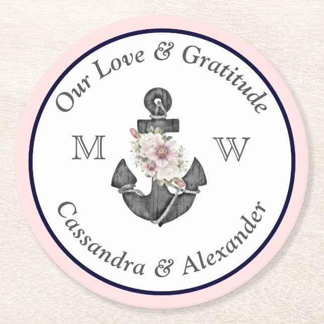 Nautical Wedding Floral Anchor Navy Blue  and Pink Round Paper Coaster (Front)