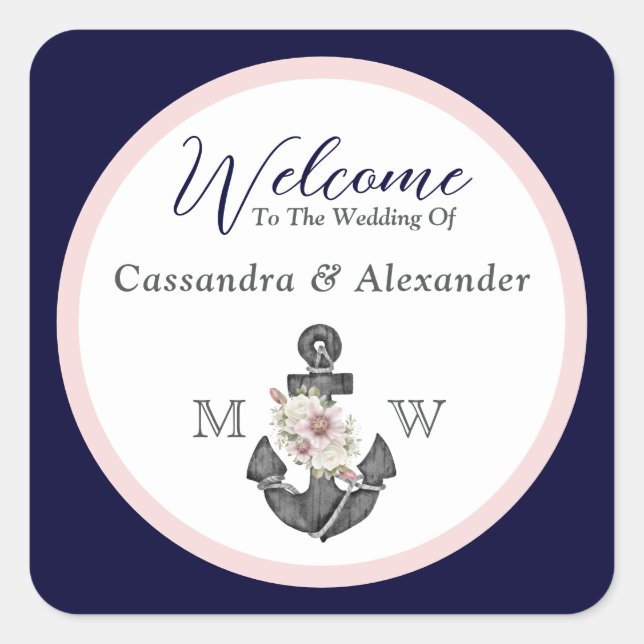 Nautical Wedding Floral Anchor Navy Blue  and Pink Square Sticker (Front)