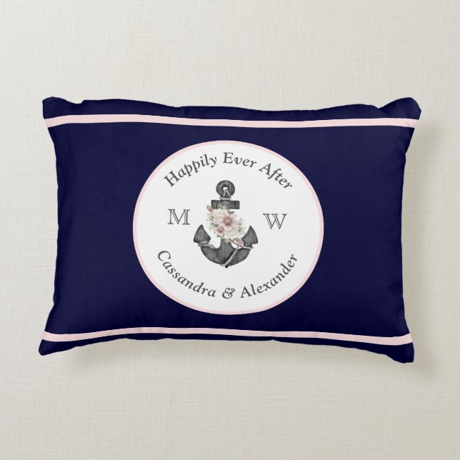 Nautical Wedding Floral Anchor Navy Blue Pink Accent Pillow (Back)