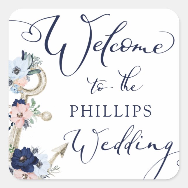 Nautical Wedding Floral Anchor Navy Blue WELCOME Square Sticker (Front)