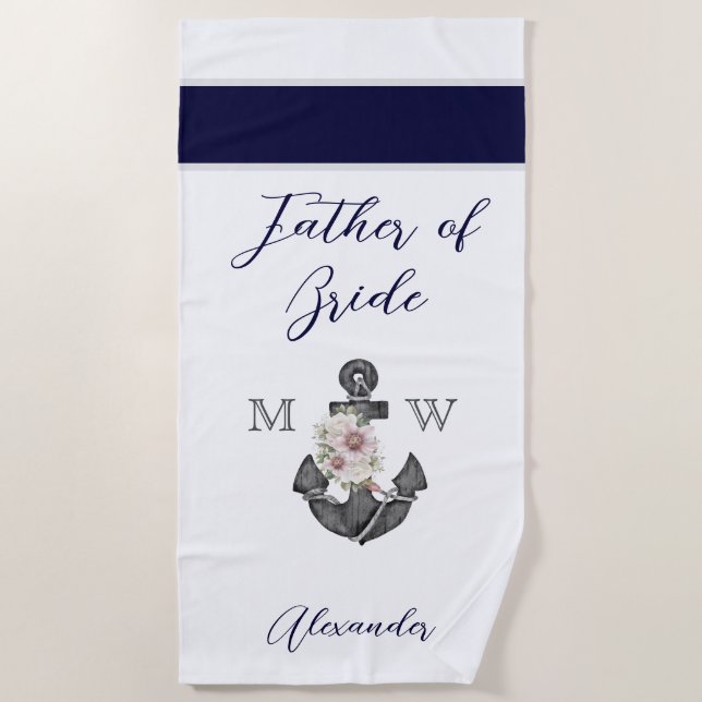 Nautical Wedding Floral Anchor Navy Grey Groomsman Beach Towel (Front)