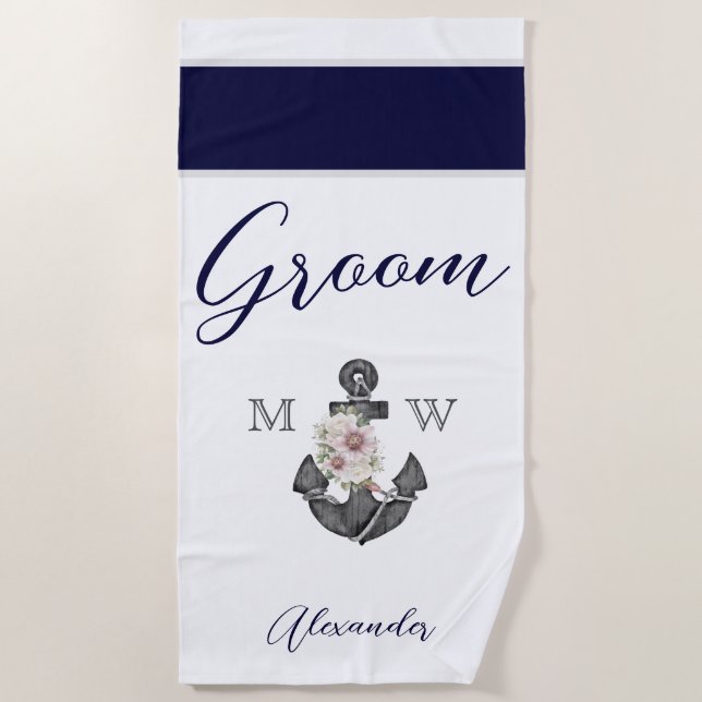 Nautical Wedding Floral Anchor Navy White  Groom Beach Towel (Front)