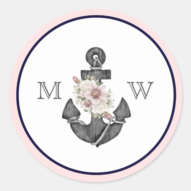 Nautical Wedding Floral Anchor Pink and Navy  Classic Round Sticker (Front)