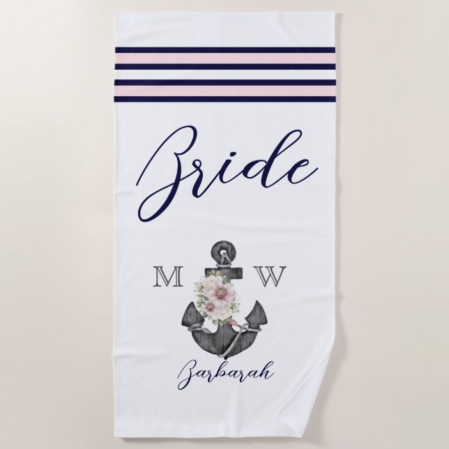 Nautical Wedding Floral Anchor Pink Navy Brides Be Beach Towel (Front)