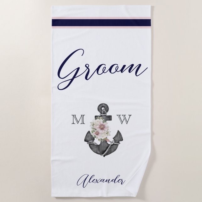 Nautical Wedding Floral Anchor Pink Navy Brides Beach Towel (Front)
