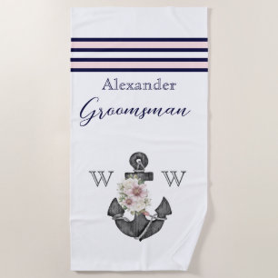 Nautical Wedding Floral Anchor Pink Navy Groomsman Beach Towel