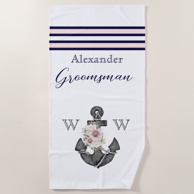 Nautical Wedding Floral Anchor Pink Navy Groomsman Beach Towel (Front)