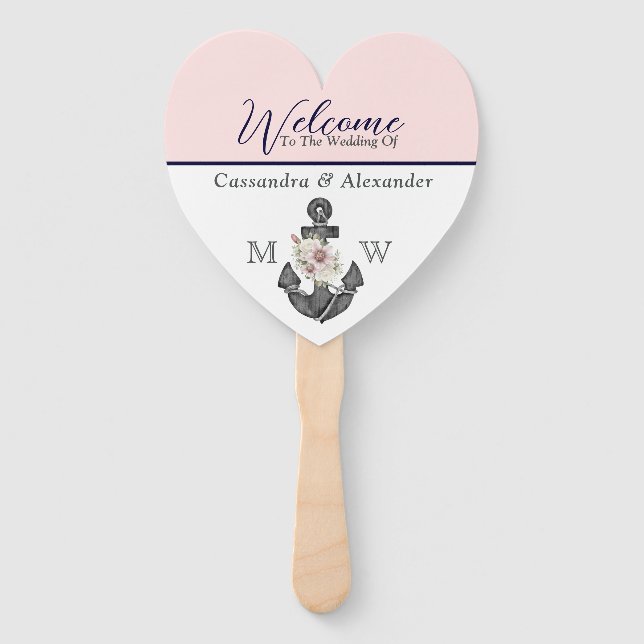 Nautical Wedding Floral Anchor Pink Navy Welcome Hand Fan (Back)