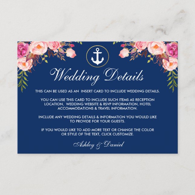 Nautical Wedding Floral Blue Details Insert Card (Front)