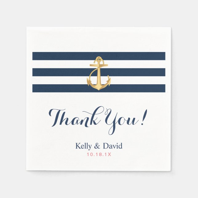 Nautical Wedding Gold Anchor Navy Blue Stripes Napkin (Front)