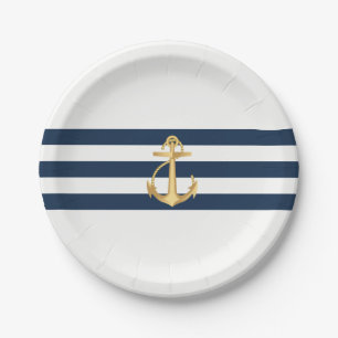 Nautical Wedding Gold Anchor Navy Stripes Paper Plate