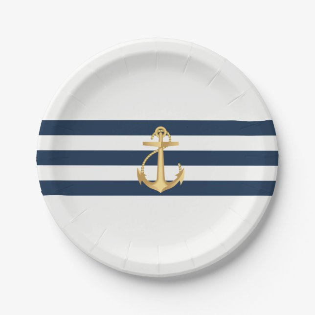 Nautical Wedding Gold Anchor Navy Stripes Paper Plate (Front)