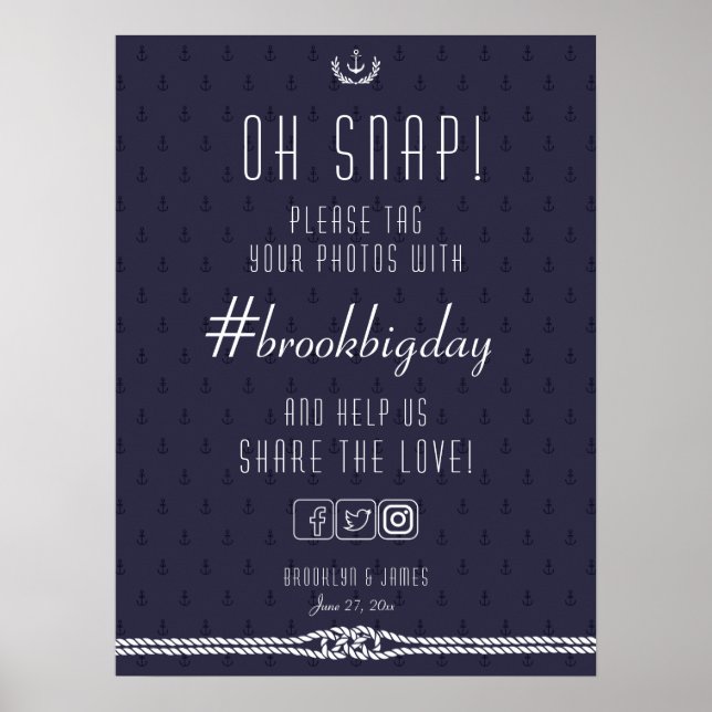 Nautical Wedding Hashtag Sign 18x24 Blue Anchors (Front)