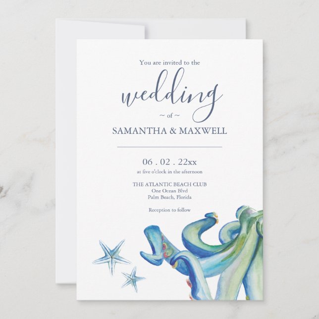 Nautical Wedding Invitation Templates Blue Octopus (Front)