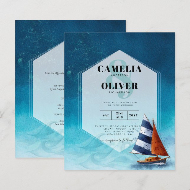 Nautical Wedding Invitation with Sailing Boat (Front/Back)