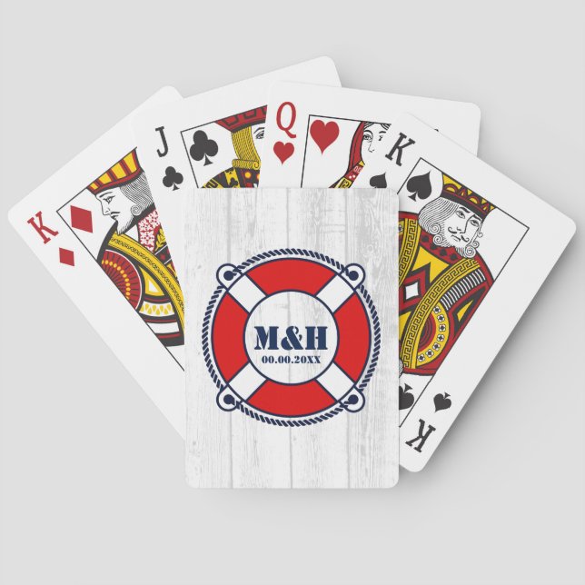 Nautical wedding monogram lifebuoy logo desk of playing cards (Back)