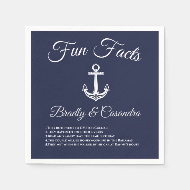 Nautical Wedding Navy Blue and White Fun Facts Napkin (Front)