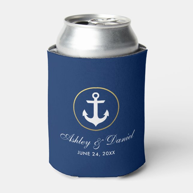 Nautical Wedding Navy Blue Gold Can Cooler (Can Front)